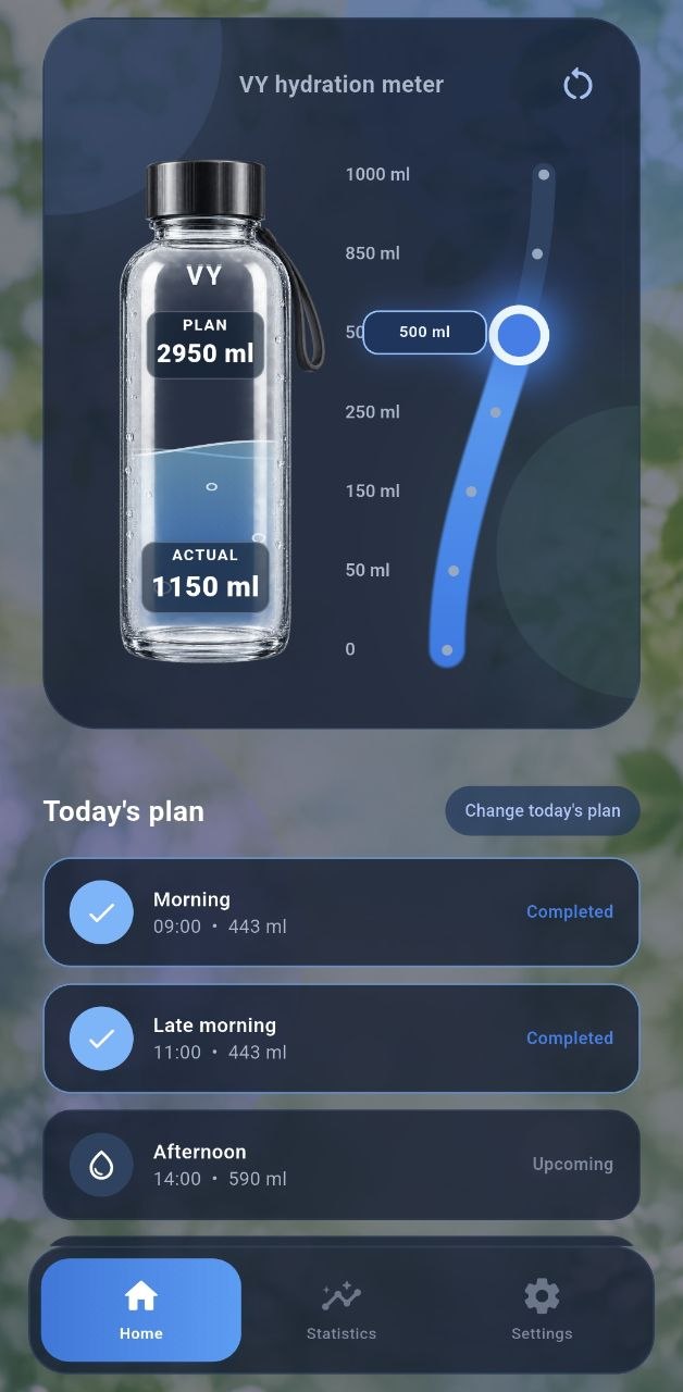 VY Water Tracker home screen in dark theme