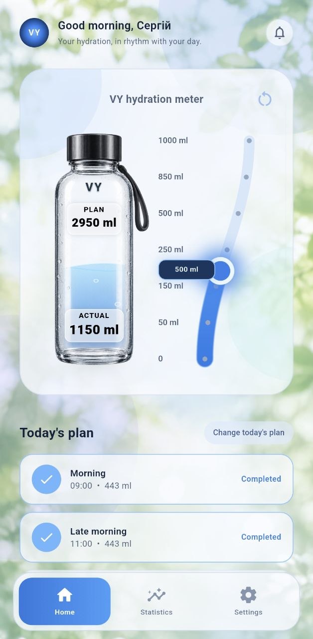 VY Water Tracker home screen in light theme